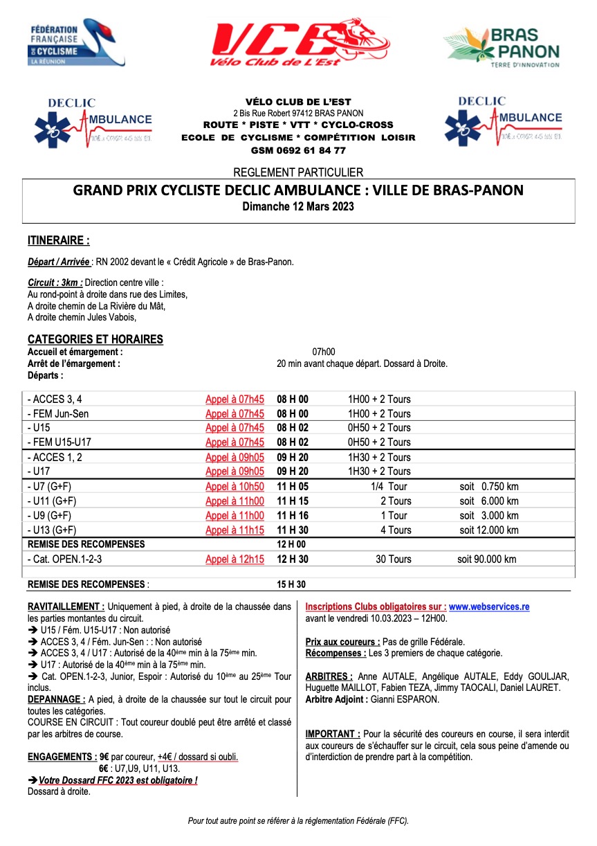 reglement et horaires GP Cycliste DECLIC AMBULANCE 2023 - VCE