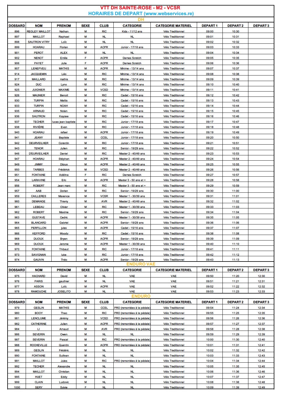Horaires Depart VTT DH Sainte-Rose - VCSR