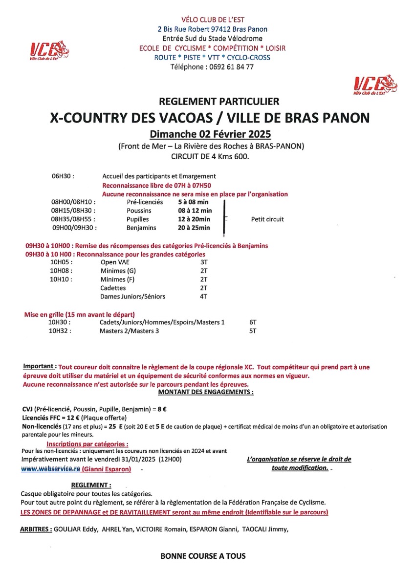 REGLEMENT XC des Vacoas M1 VCE